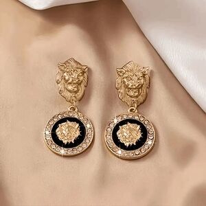 Golden Diamond Lion Head Dangle Earrings